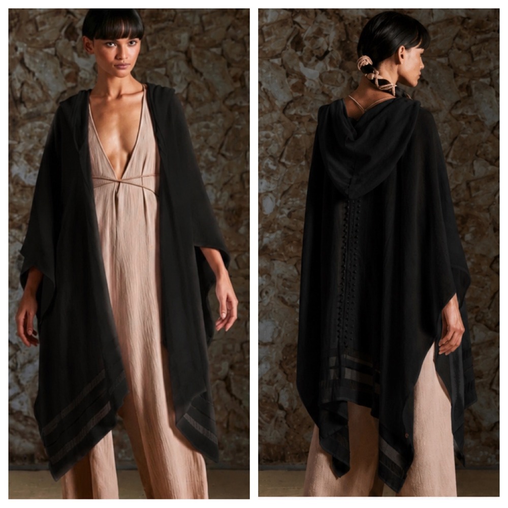 Caravana Black Hooded Cape Cotton Gauze Boho Open Front Wrap One Size